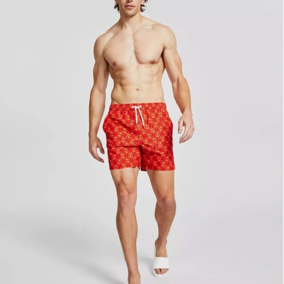 NWT GUESS Mens Geo Print Drawstring Swimwear Orange Maya Print XL - Picture 3 of 4